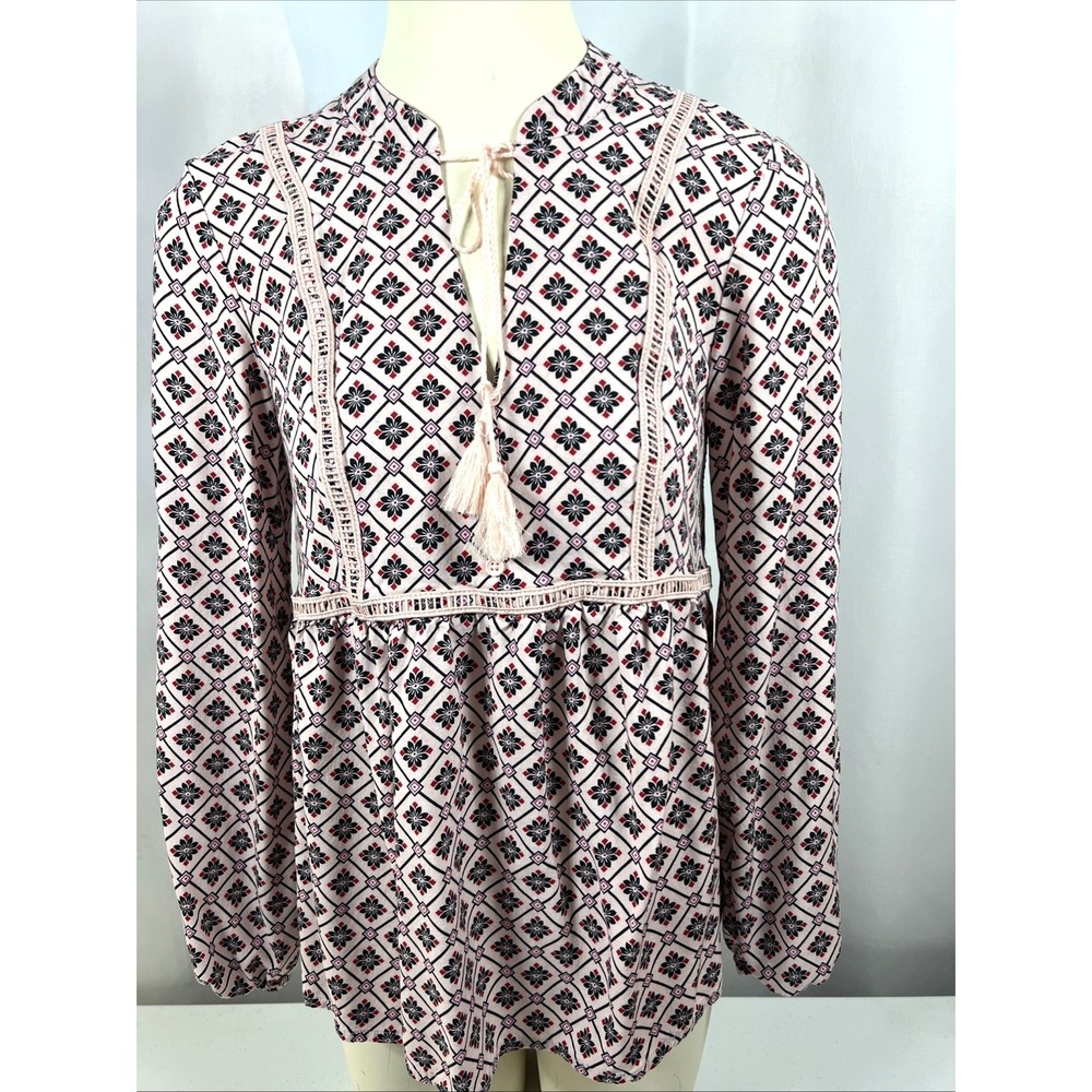 Love, Fire‎ Pink Geometric Flowered Peasant Babydoll Top Size Small